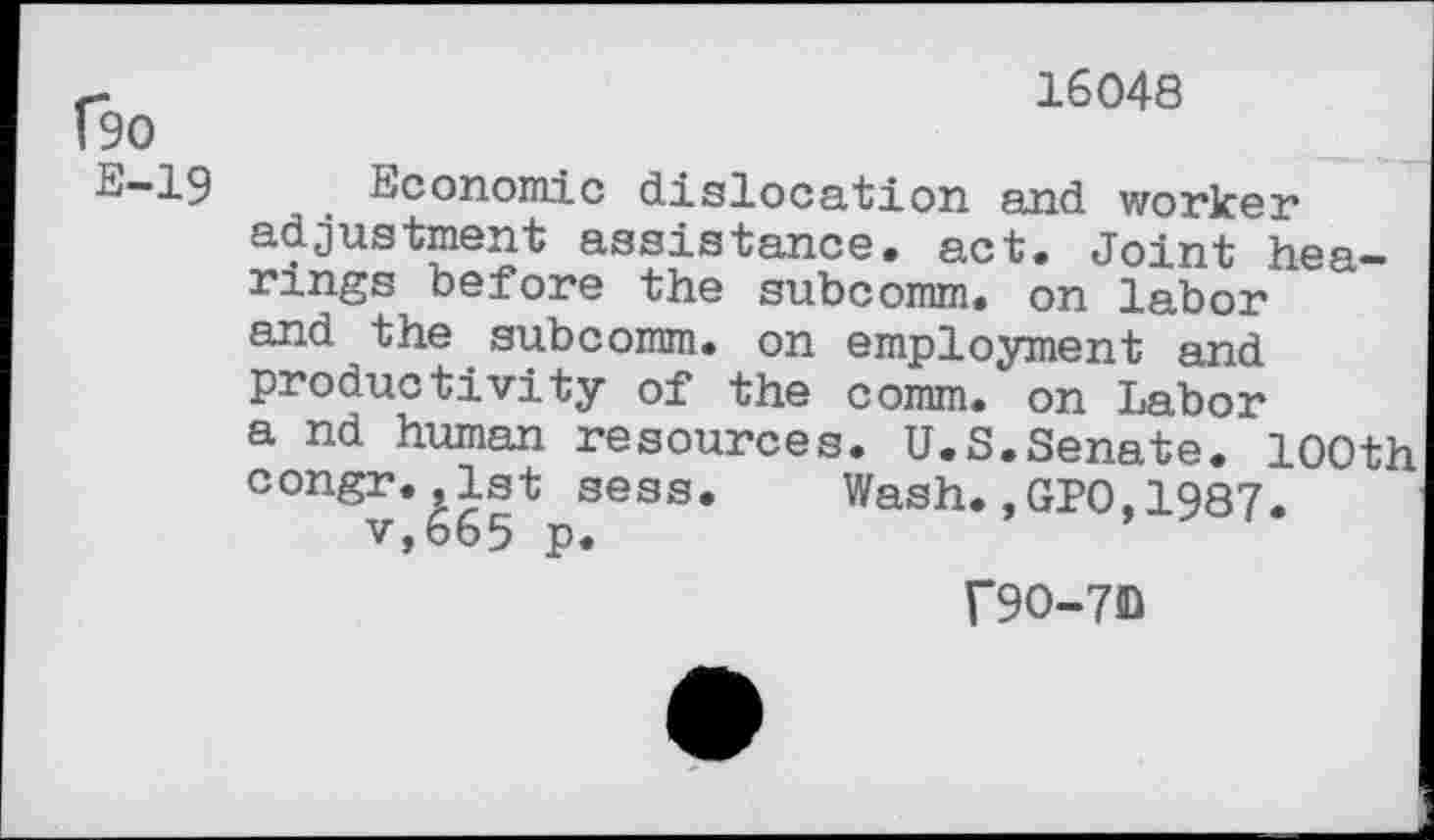 ﻿16048
(90
B-19 Economic dislocation arid worker adjustment assistance, act. Joint hearings before the subcomm, on labor and the subcomm, on employment and productivity of the comm/ on Labor a nd human resources. U.S.Senate. 100th congr.,lst sess. Wash.,GPO,1987. v,665 p.
T9O-7O